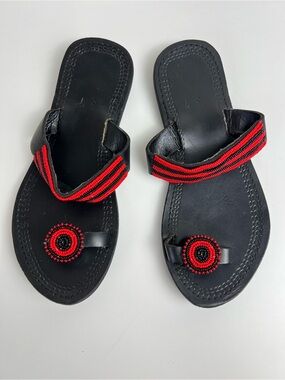 Maasai Handmade African Beaded Leather Sandals Black Red Size 6.5 Boho Festival